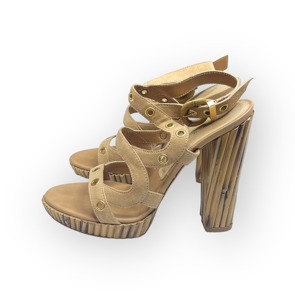 Casadei ♚ Renna Bamboo Platform Heels Grommet Sandals ♚ Sand Suede ♚ 38 7.5M 8M - Picture 6 of 16
